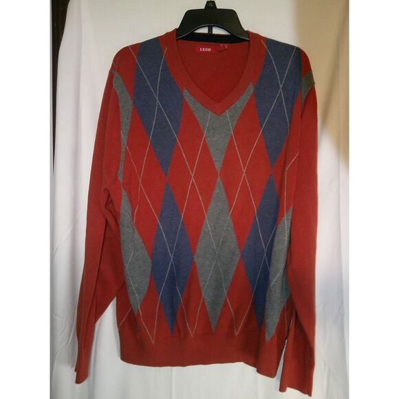 Izod Other - IZOD Argyle VNeck Sweater Orange Navy Gray Pattern Long Sleeve‎ Pullover L
